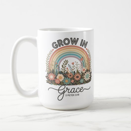 Grow in Grace Rainbow Floral Christian コーヒーマグカップ (左)