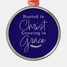 Growing in Grace Blue and White Round Christmas メタルオーナメント