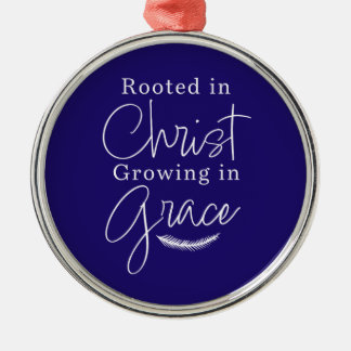 Growing in Grace Blue and White Round Christmas メタルオーナメント