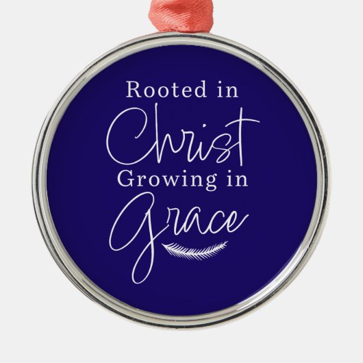 Growing in Grace Blue and White Round Christmas メタルオーナメント (正面)