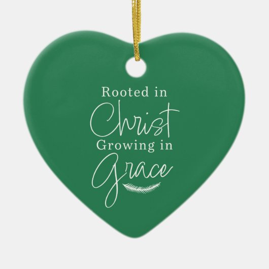 Growing in Grace Green and White Heart Christmas セラミックオーナメント (正面)