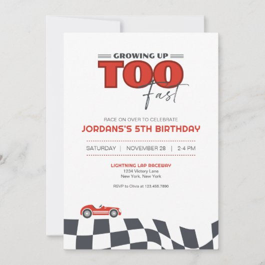 Growing Up Too Fast Race Car Birthday Invitation 招待状 (正面)