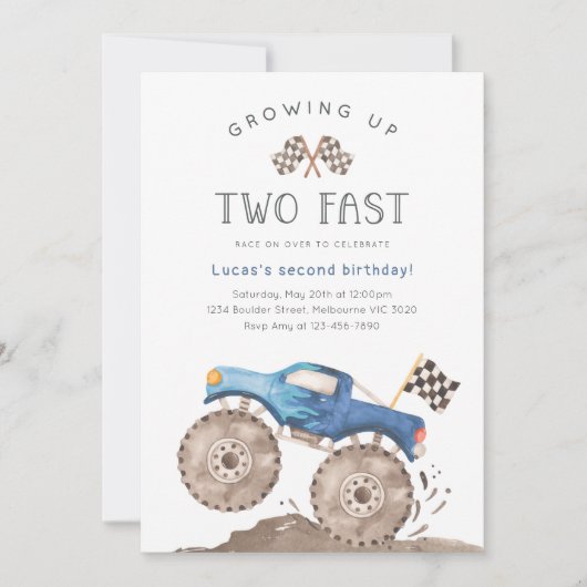 Growing Up Two Fast Blue Monster Truck Birthday 招待状 (正面)
