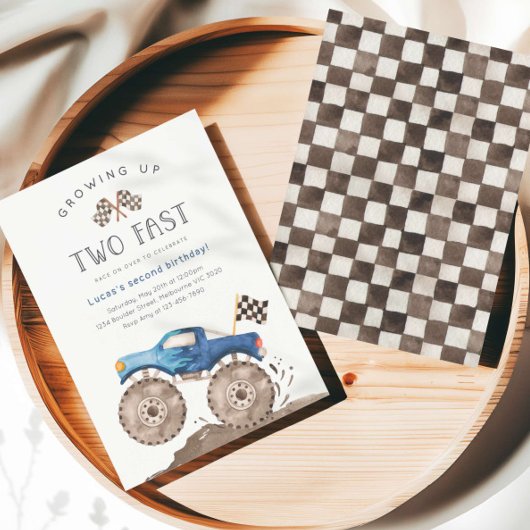 Growing Up Two Fast Blue Monster Truck Birthday 招待状