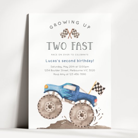 Growing Up Two Fast Blue Monster Truck Birthday 招待状