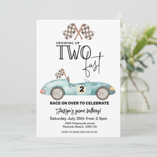 Growing Up TWO fast Blue Race car 2nd birthday 招待状 (スタンド正面)