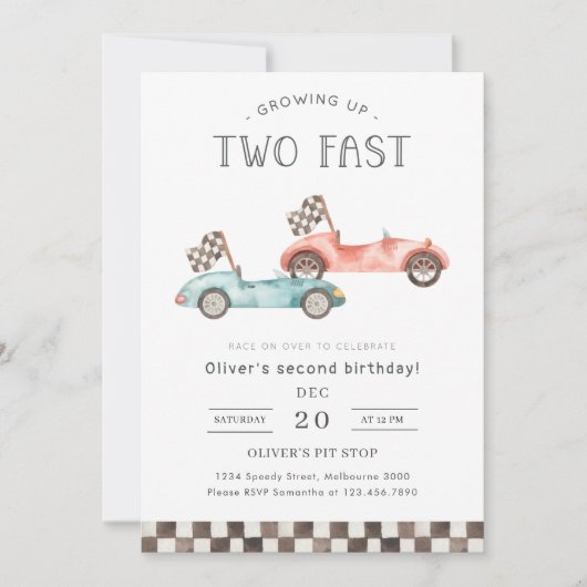 Growing Up Two Fast Blue & Red Race Car Birthday 招待状 (正面)