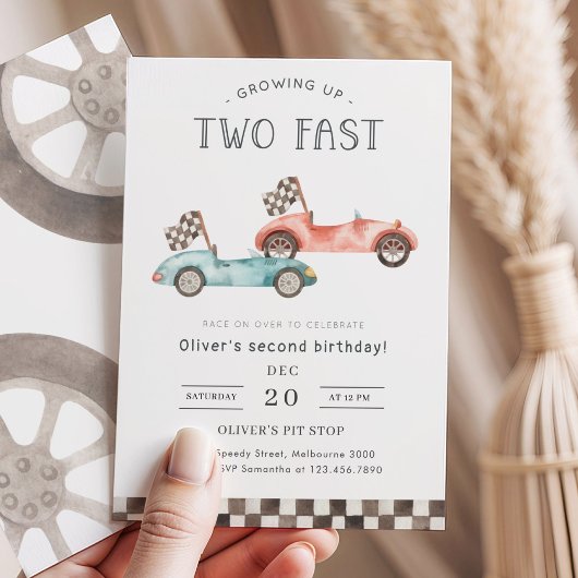Growing Up Two Fast Blue & Red Race Car Birthday 招待状