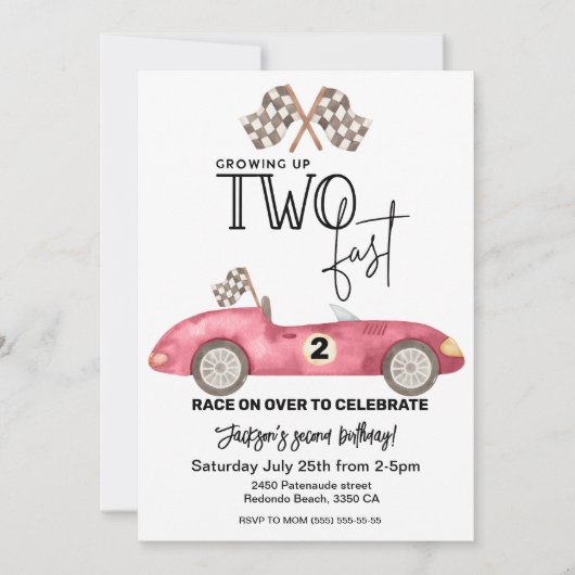 Growing Up TWO fast Red Race car 2nd birthday 招待状 (正面)