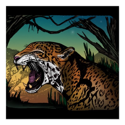 Growling Jaguar Jungle Wall Art – Wild Cat Teal Ye ポスター (正面)