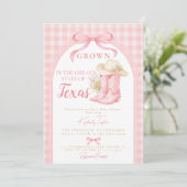 Grown in Texas Cowgirl Boots Pink Bow Baby Shower 招待状 (スタンド正面)