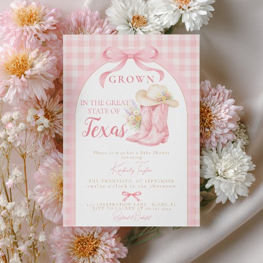 Grown in Texas Cowgirl Boots Pink Bow Baby Shower 招待状