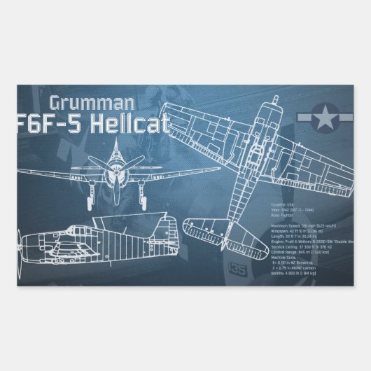 Grumman F6Fヘルキャットブループリント 長方形シール (正面)