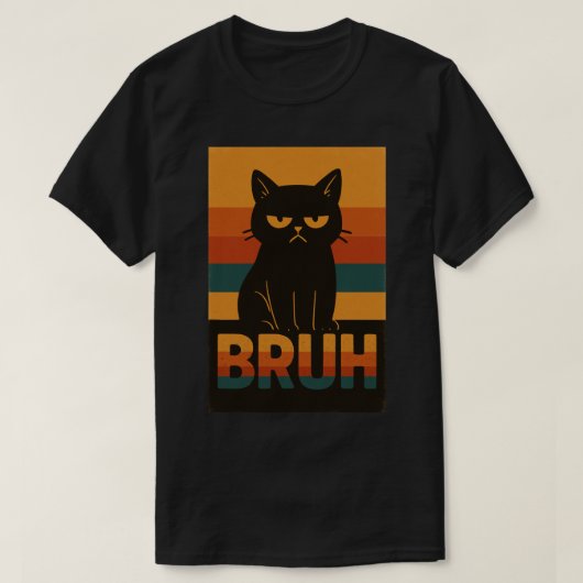 Grumpy Black Cat "Bruh" Retro Vintage Meme Tシャツ (デザイン正面)