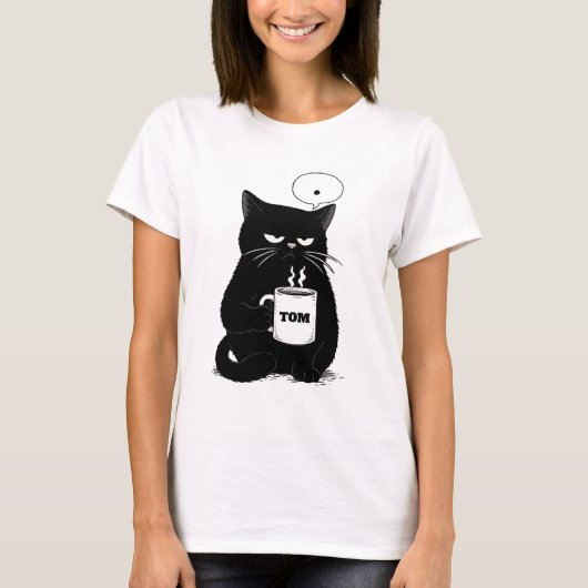 Grumpy Black Cat Coffee Lover Funny Custom T-Shirt Tシャツ (正面)