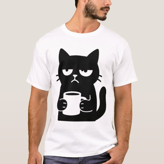 Grumpy Black Cat with Coffee Mug Funny Tシャツ (正面)