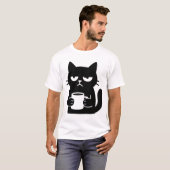 Grumpy Black Cat with Coffee Mug Funny Tシャツ (正面フル)