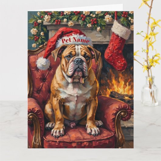 Grumpy Bulldog Christmas Hat on Velvet Chair カード (黄色い花)