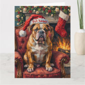 Grumpy Bulldog Christmas Hat on Velvet Chair カード (正面)