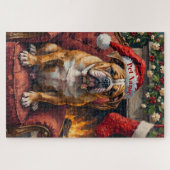 Grumpy Bulldog Christmas Hat on Velvet Chair ジグソーパズル (横)