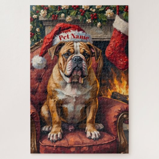 Grumpy Bulldog Christmas Hat on Velvet Chair ジグソーパズル (縦)