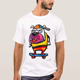 Grumpy Bulldog on Skateboard Cartoon T-Shirt Tシャツ