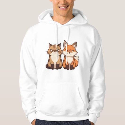 Grumpy Cartoon Cat and Fox Duo Kawaii Hoodie パーカ (正面)