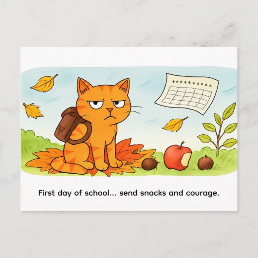 Grumpy Cartoon Cat Starting School in Autumn ポストカード (正面)
