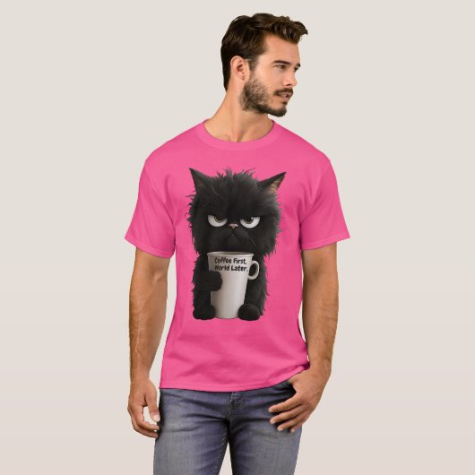 Grumpy Cat Coffee Mood T-Shirt Funny Black Fluffy  Tシャツ (正面フル)