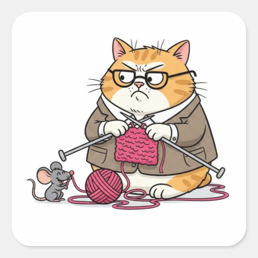 Grumpy Cat Knitting Funny Cartoon Sticker スクエアシール (正面)