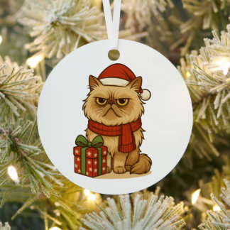 Grumpy Christmas Cat Ornament メタルオーナメント