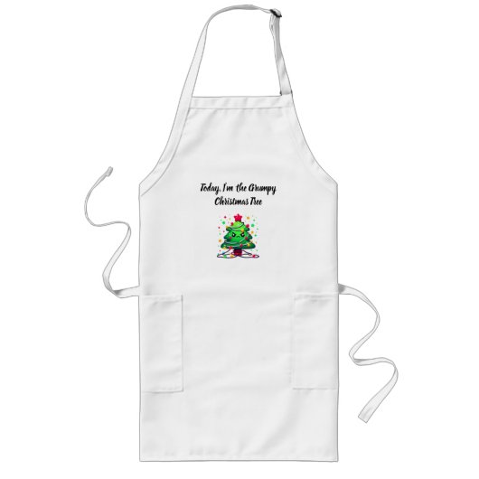 Grumpy Christmas Tree Cartoon – Funny Holiday Shir ロングエプロン (正面)