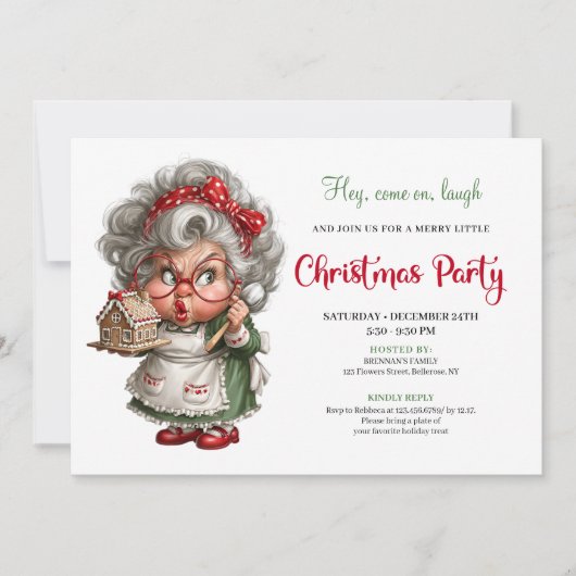 Grumpy Comic Grandma Cheerful Xmas Party Invite 招待状 (正面)