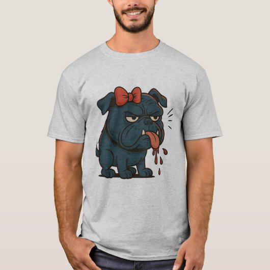 Grumpy Drooling Pug with Red Bow – Funny Dog Attit Tシャツ (正面)