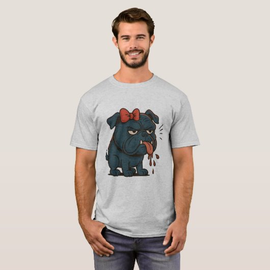 Grumpy Drooling Pug with Red Bow – Funny Dog Attit Tシャツ (正面フル)