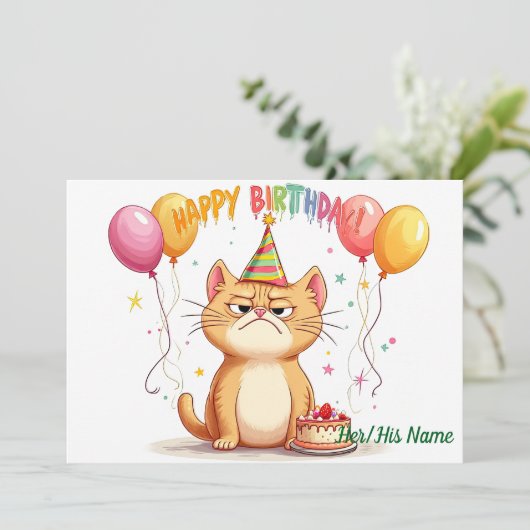 Grumpy Ginger Cat Birthday Humor カード (スタンド正面)