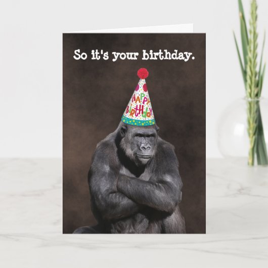 Grumpy Gorilla in Party Hat Birthday カード (正面)