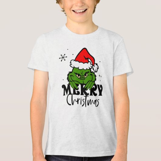 Grumpy Green Christmas Character in Santa Hat トライブレンドＴシャツ (正面)