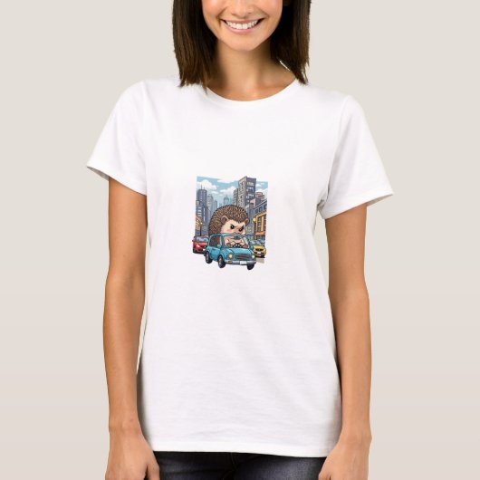 Grumpy Hedgehog Road Rage Driving Blue Car in City Tシャツ (正面)
