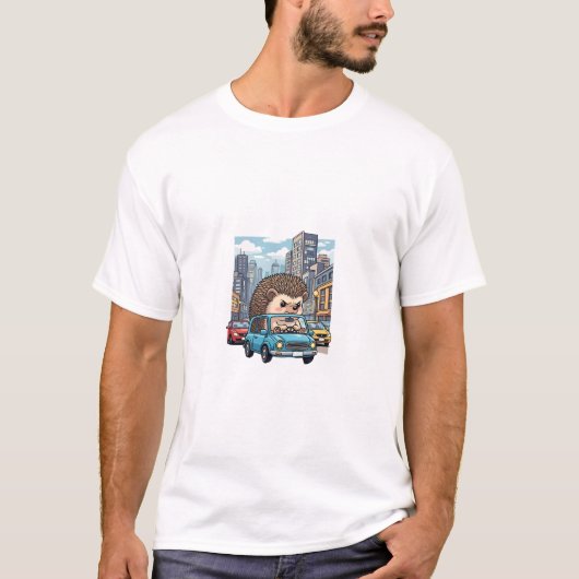 Grumpy Hedgehog Road Rage Driving Blue Car in City Tシャツ (正面)