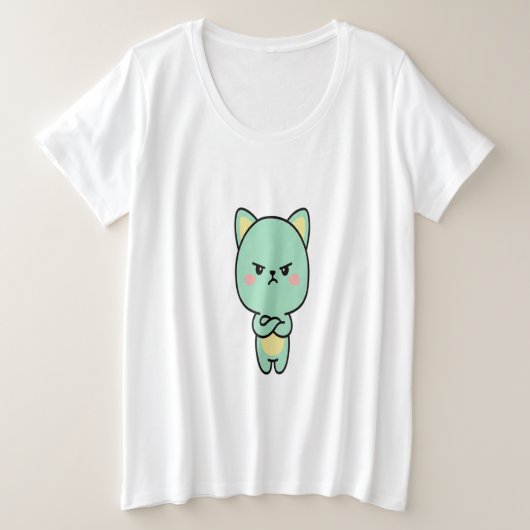 Grumpy Mint Cat – Cute Kawaii Cartoon T-Shirt プラスサイズTシャツ (デザイン正面)