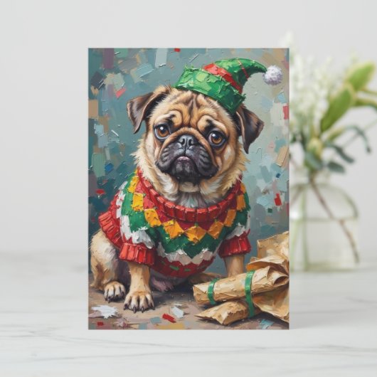 Grumpy Pug Dog in Elf Hat Funny Christmas Art シーズンカード (スタンド正面)