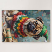 Grumpy Pug Dog in Elf Hat Funny Christmas Art ジグソーパズル (横)