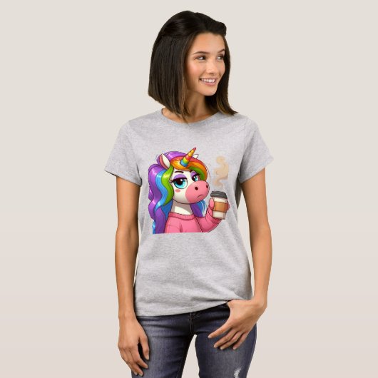 Grumpy Unicorn Needs Coffee Cartoon Tシャツ (正面フル)