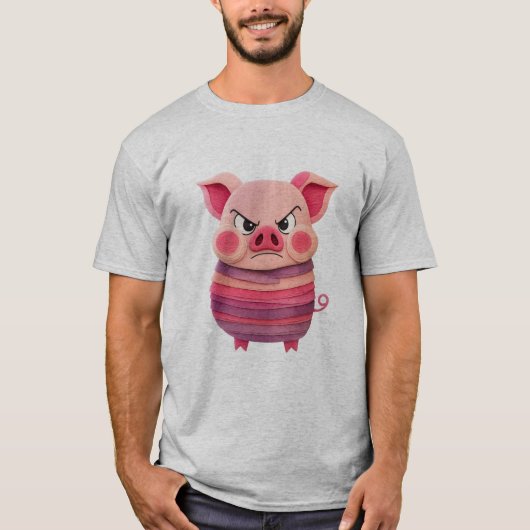 Grumpy Wooden Pig Tee – Layered Texture Cartoon Sh Tシャツ (正面)
