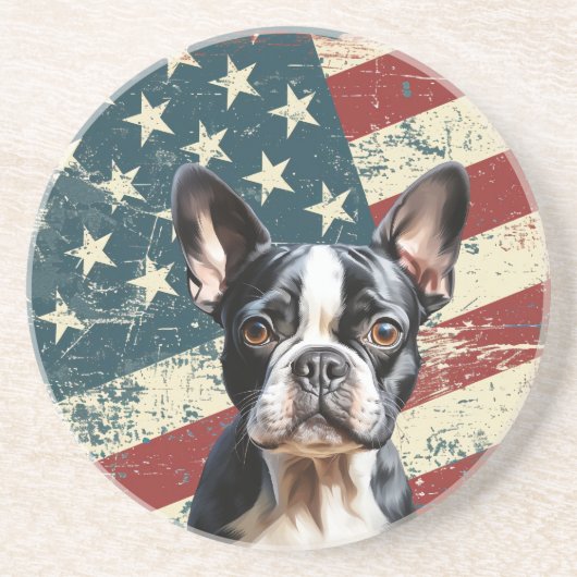 Grunge American Flag Boston Terrier Dog コースター (正面)