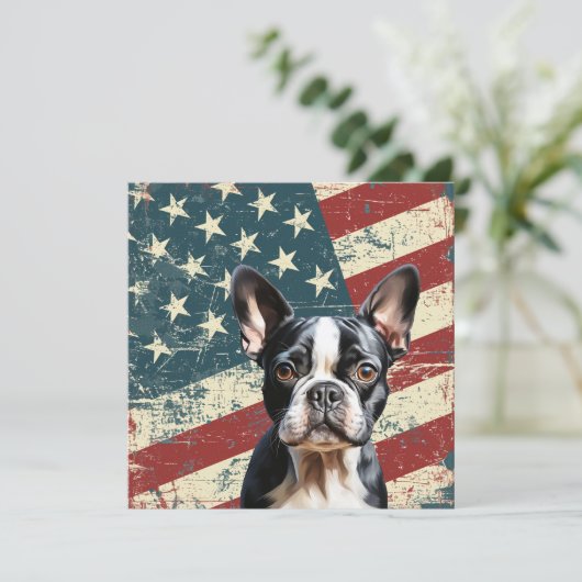 Grunge American Flag Boston Terrier Dog Flat Card (スタンド正面)