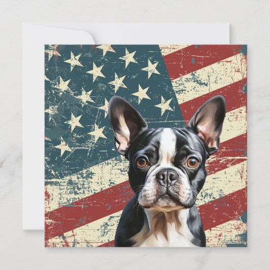 Grunge American Flag Boston Terrier Dog Flat Card (正面)