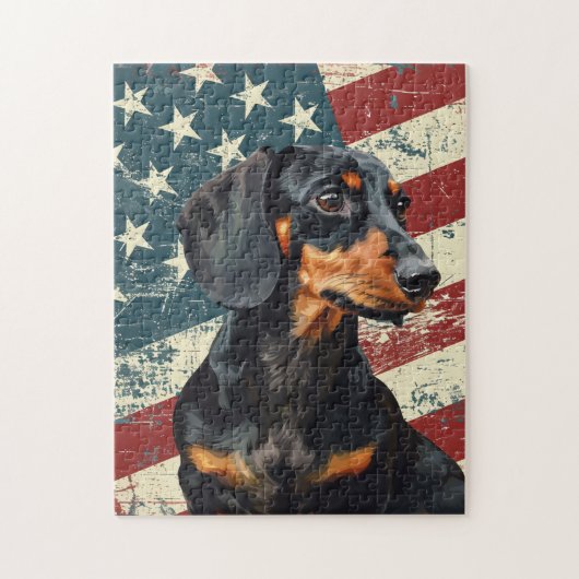 Grunge American Flag Dachshund Dog ジグソーパズル (縦)