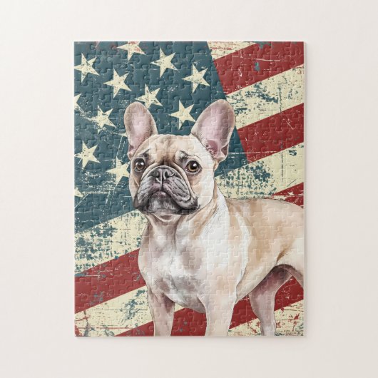 Grunge American Flag Fawn Tan French Bulldog ジグソーパズル (縦)